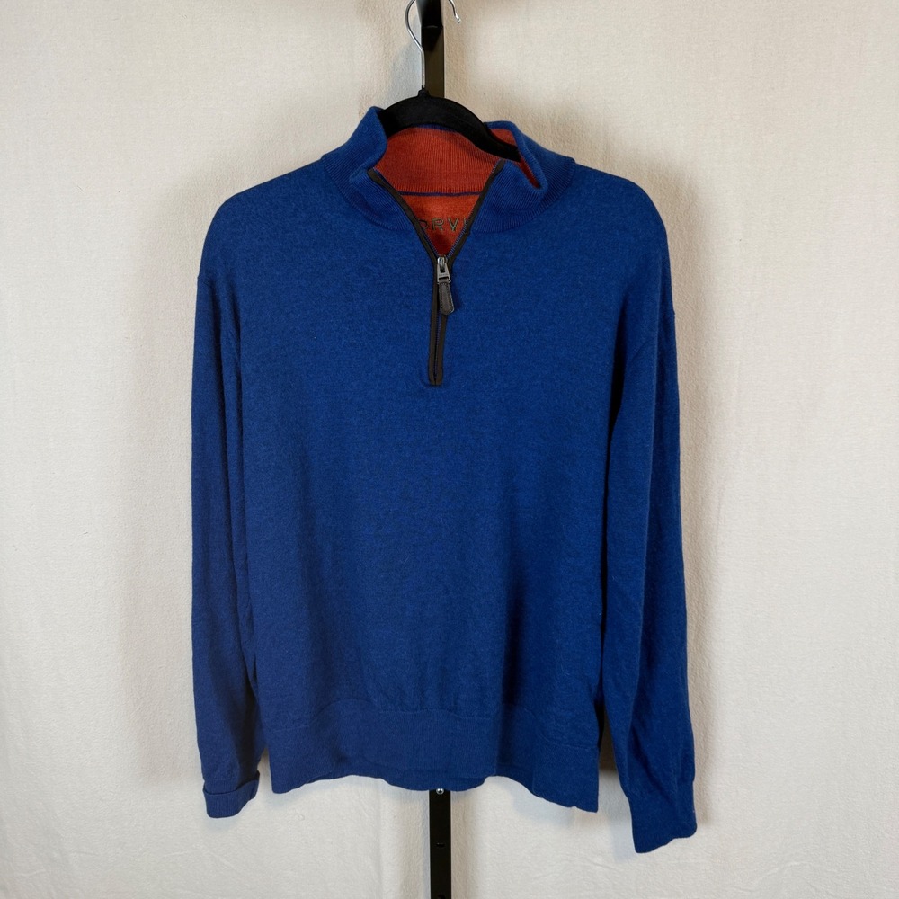 Orvis Mens XL Blue 100% Merino Wool Quarter Zip Pullover Sweater Orange Trim